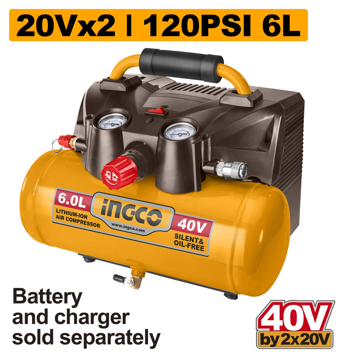 INGCO 20V + 20V LI-ION 6L Tank 135 BAR Air Compressor (Bare Unit) CACLI2003