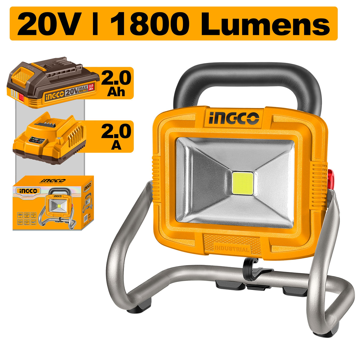 INGCO 20V 1X2.0Ah LI-ION LED Work Lamp 20W 1800 Lumens CWLI20258