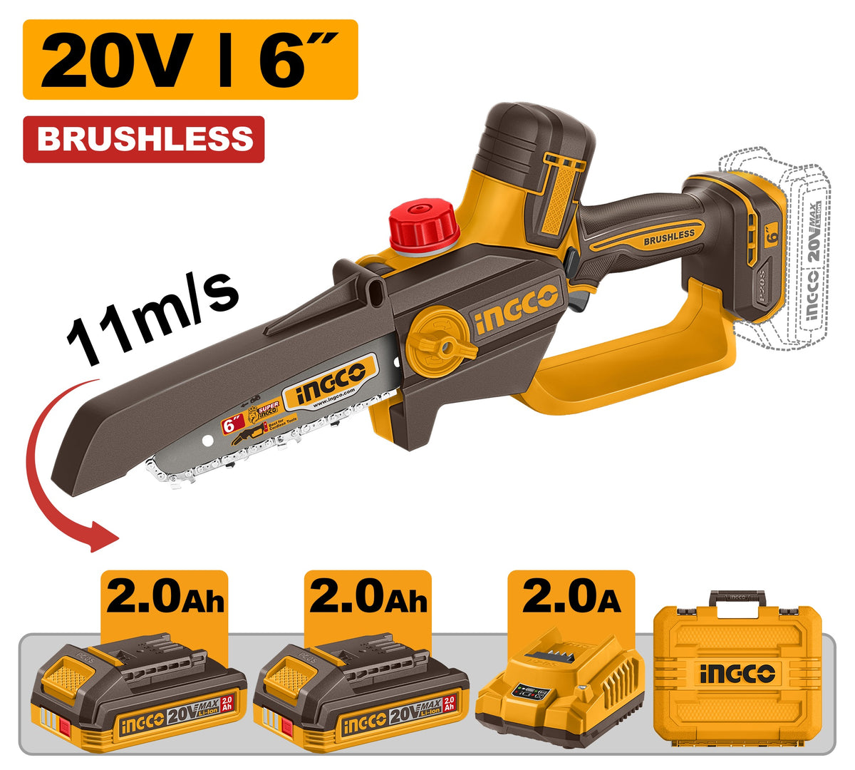 INGCO 20V Brushless Mini Chain Saw 6" 150mm 2X2.0Ah Charger CGSLI20662