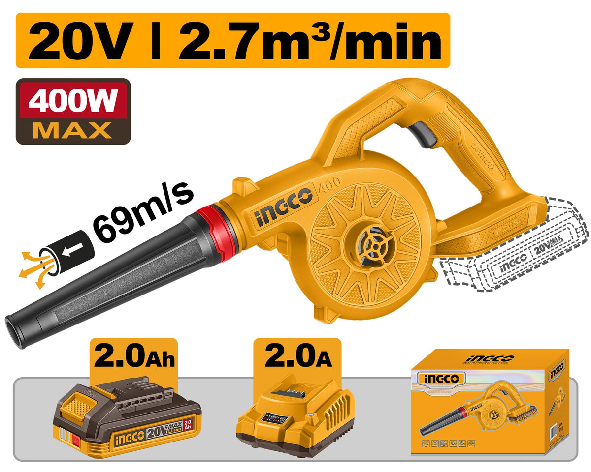 INGCO 20V LI-ION Blower 18,000RPM 2.7M3/MIN 1X2.0Ah+CHGR CABLI20781
