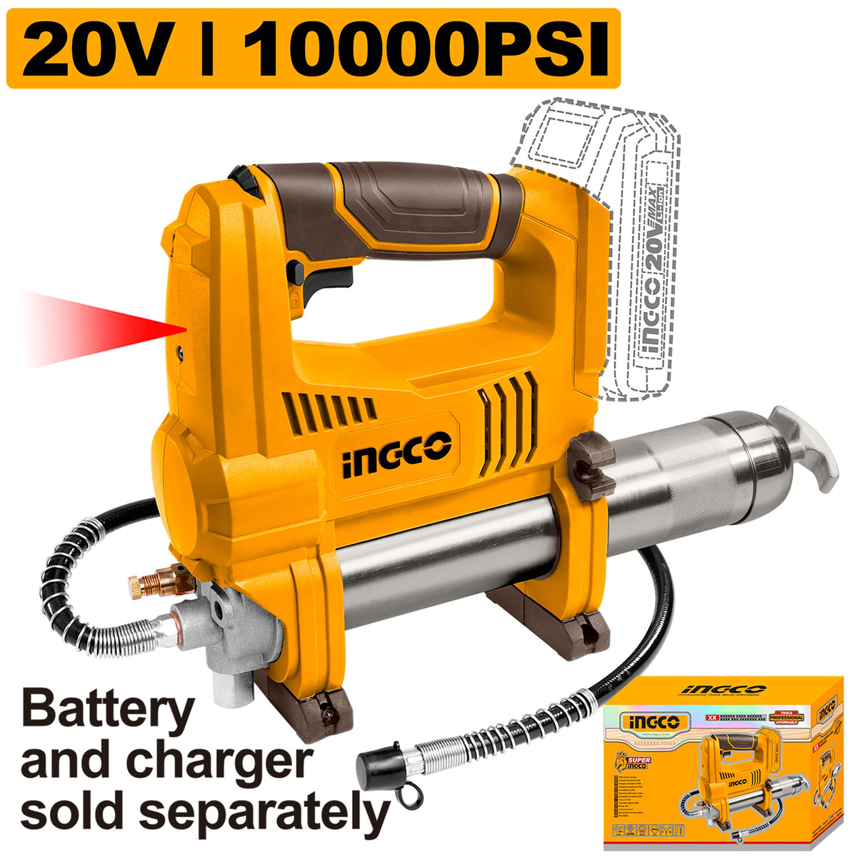 INGCO 20V LI-ION Cordless Grease Gun 10,000 PSI, (Bare Unit) GGLI2010