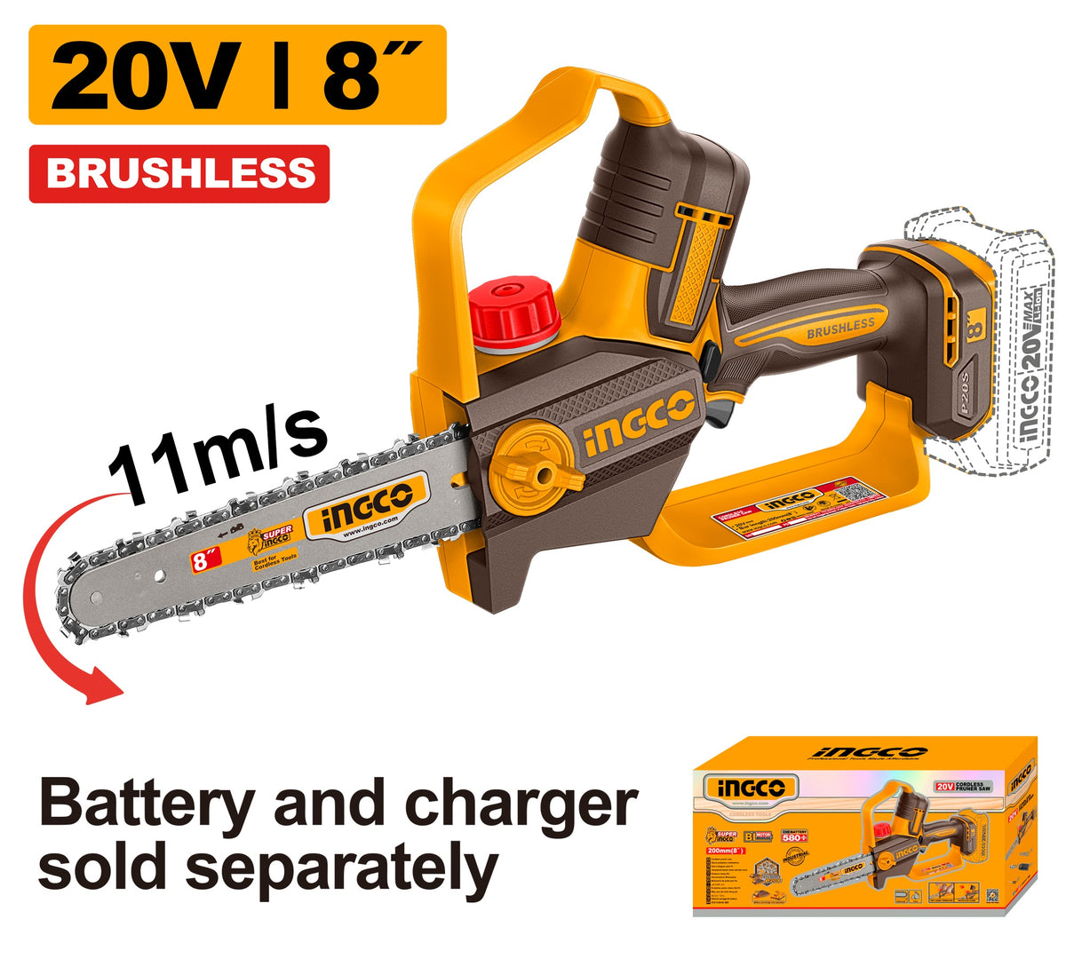 INGCO 20V BL Cordless 8" 200mm Pruner Saw (Bare Unit) CGSLI2088