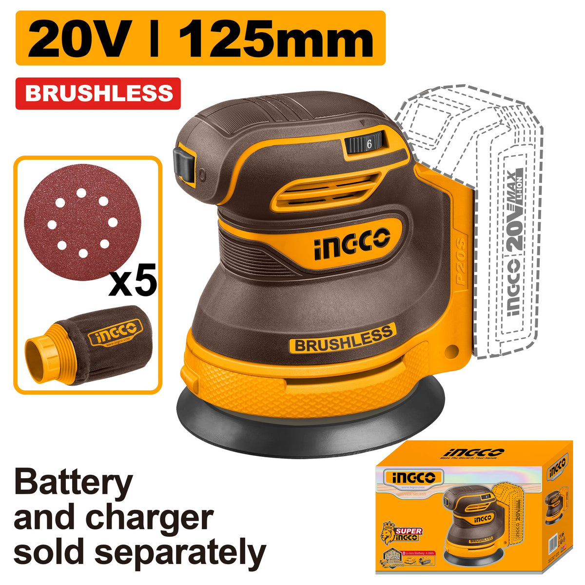 INGCO 20V LI-ION Random Orbit Sander (Bare Unit) CROSLI2002