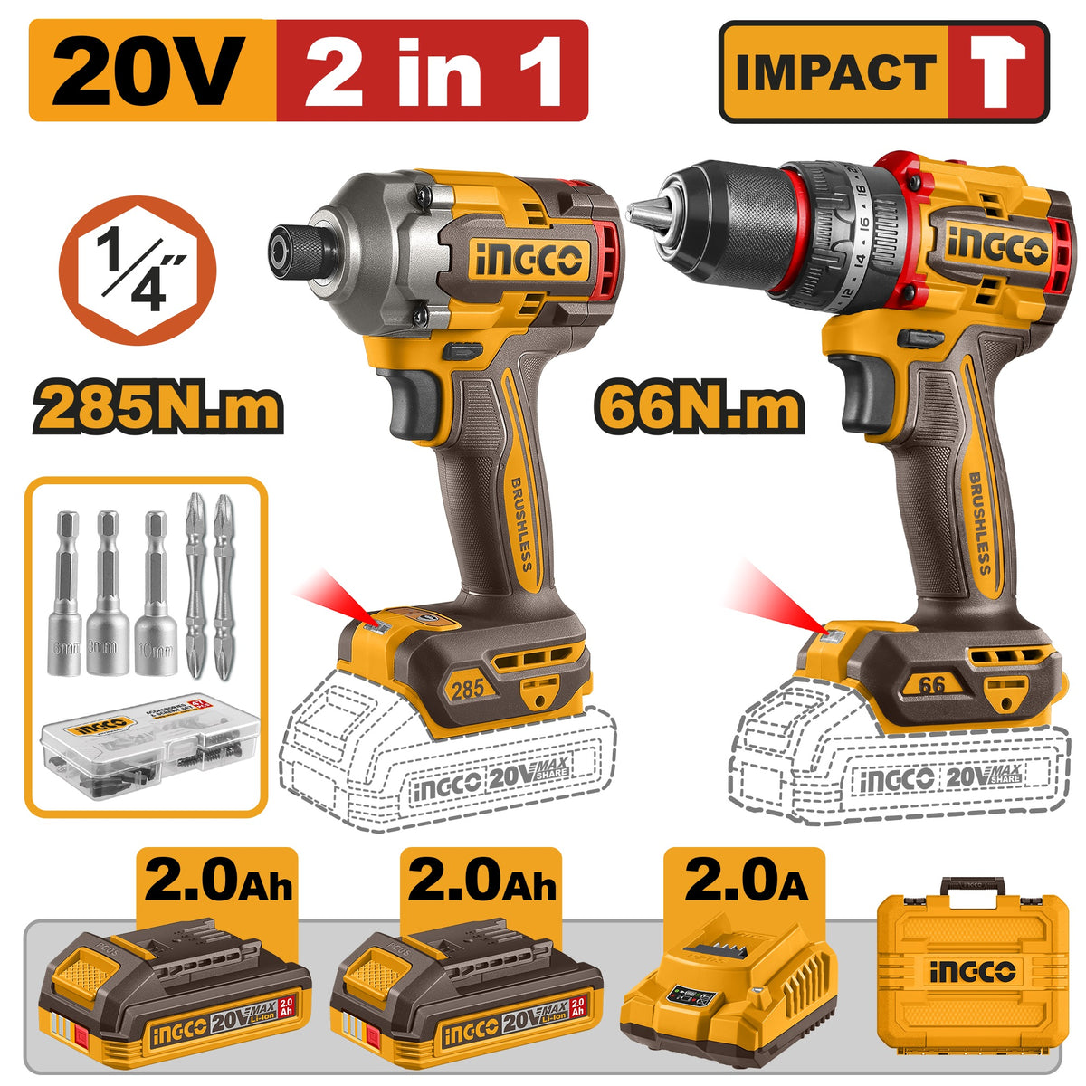 INGCO 20V Impact Drill+ Impact Driver 285Nm 2X2.0, Charger+case CKLI20277