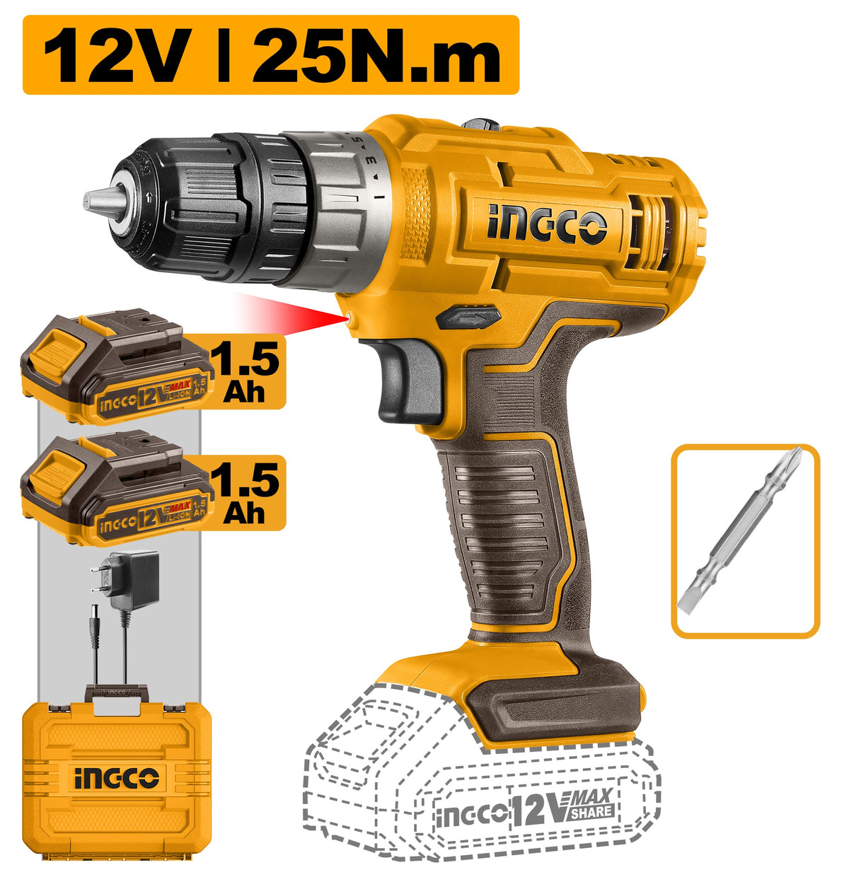 INGCO 12V 2X1.5Ah LI-ION Drill CDLI1228