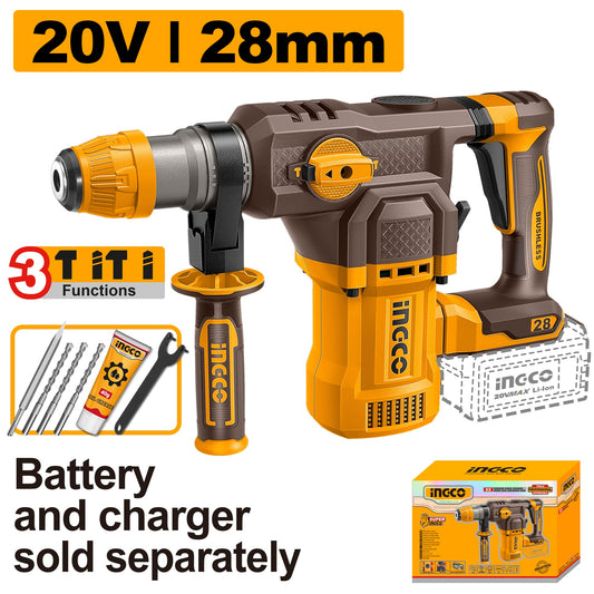 INGCO 20V LI-ION BL Rotary Hammer 28MMØ (Bare Unit) CRHLI20286