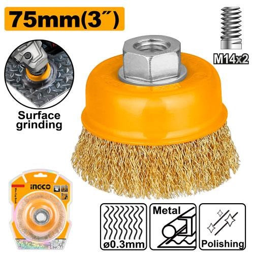 INGCO Wire Cup Brush 75mm M14X2.0 Bore (for 5" Grinder) WB10751