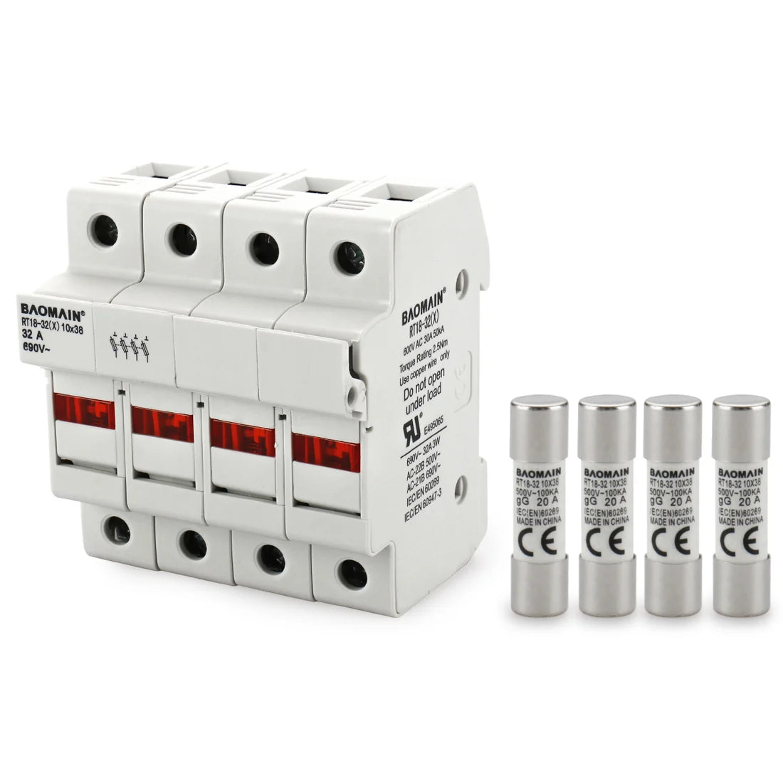 Baomain Cylindrical Fuse Holder RT18-32(X) 10mm X 38mm Fuse Base DIN Rail Mount CE&UR Listed