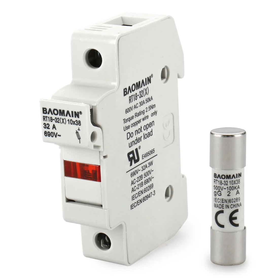 Baomain Cylindrical Fuse Holder RT18-32(X) 10mmX38mm Fuse Base Single Pole DIN Rail Mount CE&TüV Listed RT18-32 Fusex 10PCS