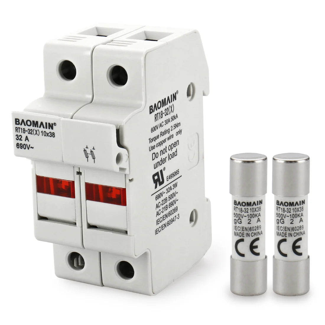 Baomain Cylindrical Fuse Holder RT18-32(X) 10mm X 38mm Fuse Base DIN Rail Mount CE&UR Listed