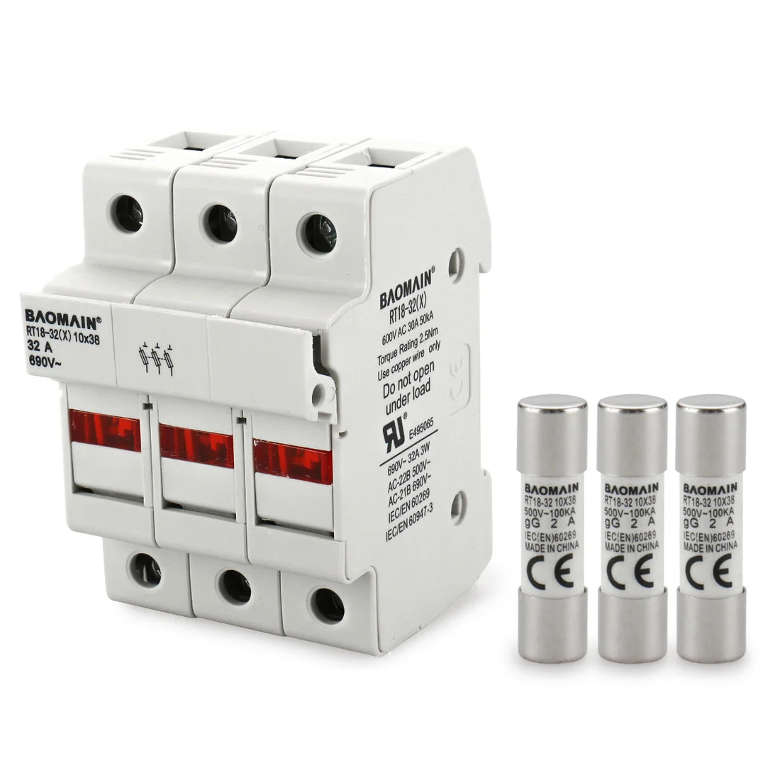 Baomain Cylindrical Fuse Holder RT18-32(X) 10mm X 38mm Fuse Base DIN Rail Mount CE&UR Listed
