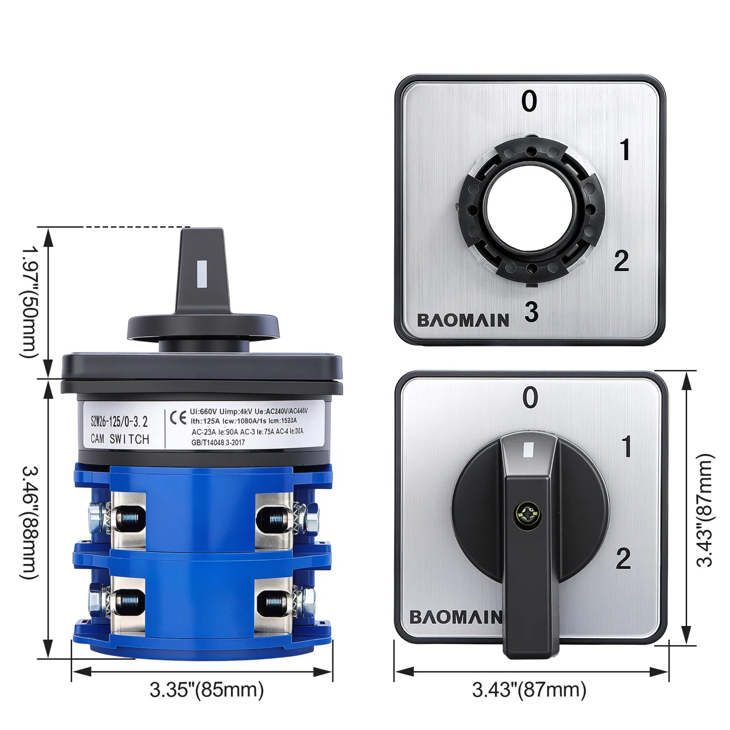 Baomain Rotary Cam Changeover Switch SZW26-125/0-3.2 660V 125A 4 Postion 6 terminals Cam Switch CE