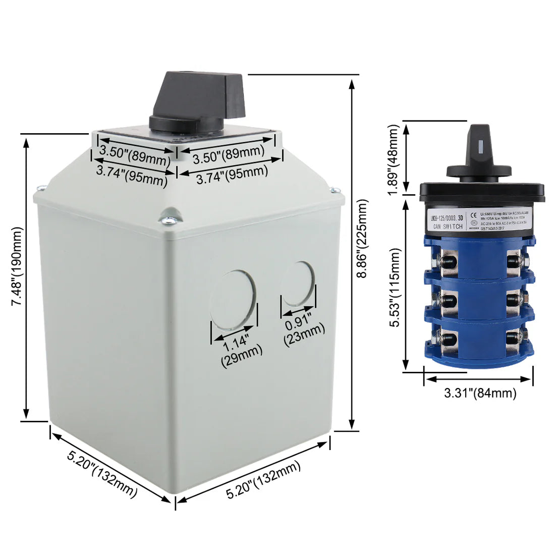Baomain Universal Rotary Changeover Switch LW28-125/D303.3D with Master Switch Exterior Box LW28-125/4 660V 125A 3 Position 3 Phase