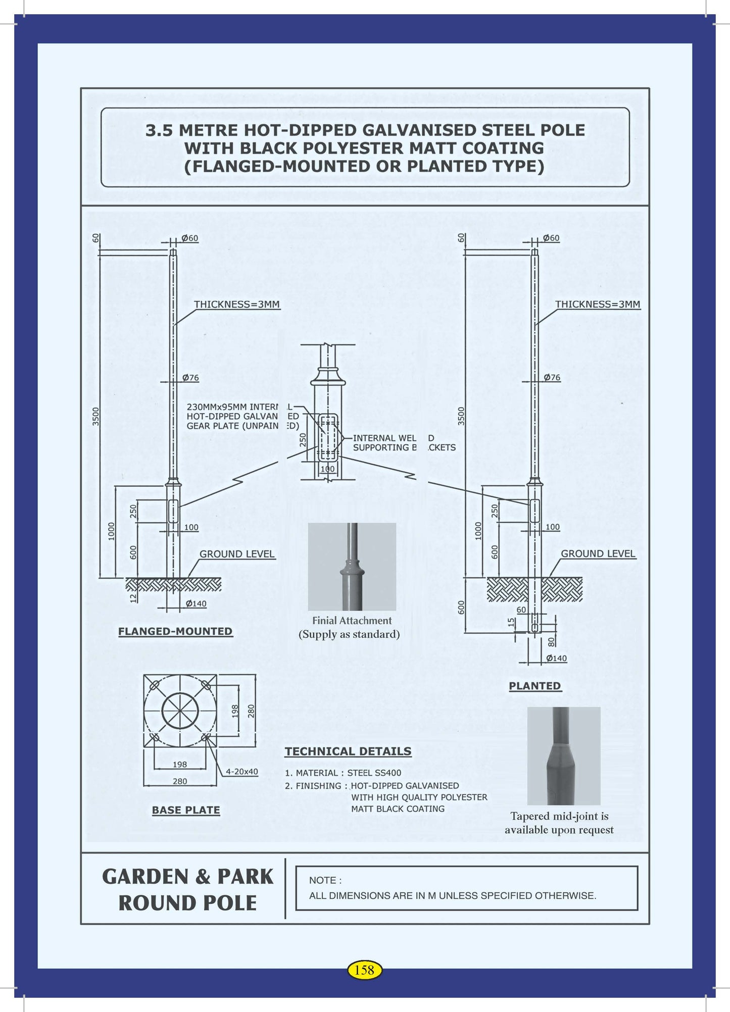 Galvapole 3.5m Flange Mounted Hot Dipped Galvanized Decorative Round Post Top Column with Black Powder Coated c/w J-Bolts and Nuts