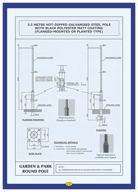 Galvapole 3.5m Flange Mounted Hot Dipped Galvanized Decorative Round Post Top Column with Black Powder Coated c/w J-Bolts and Nuts