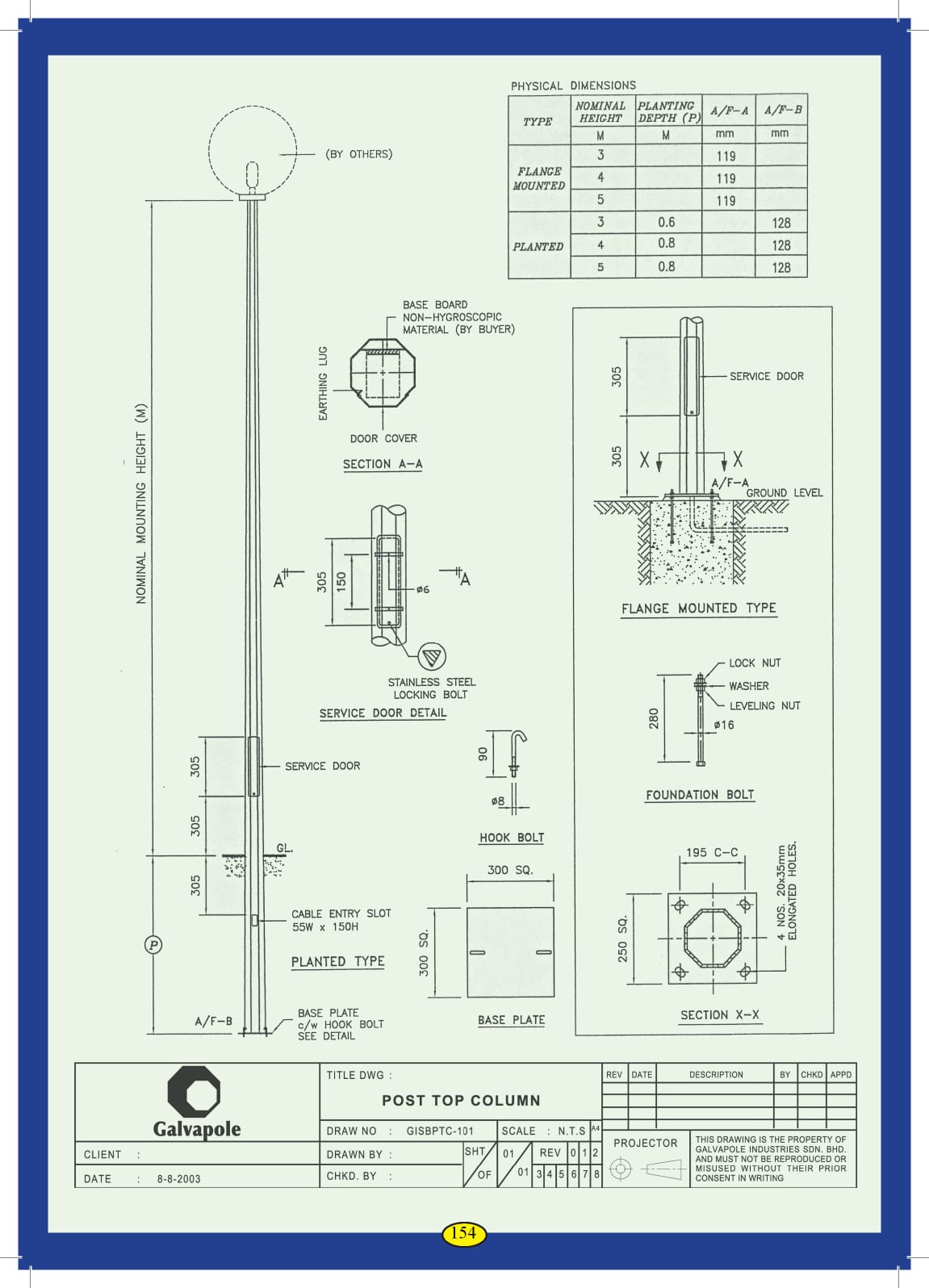 CH 3m Flange Mounted Hot Dipped Galvanized Decorative Round Post Top Column with Black Powder Coated c/w J-Bolts and Nuts