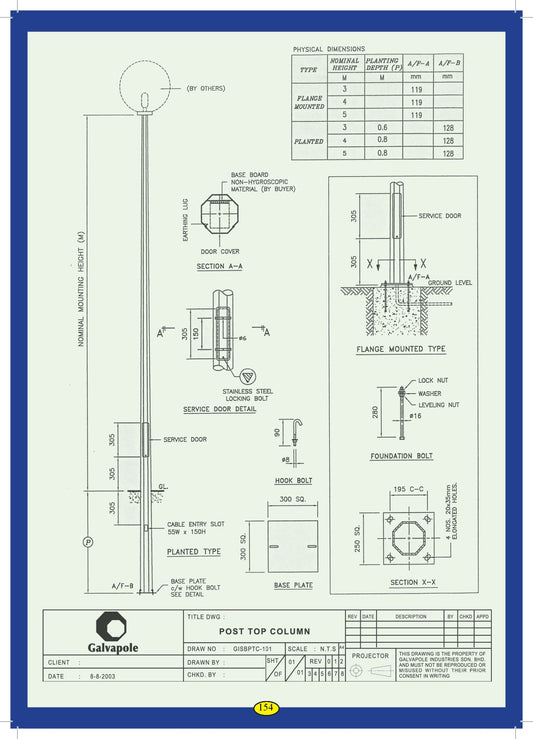 CH 3m Flange Mounted Hot Dipped Galvanized Decorative Round Post Top Column with Black Powder Coated c/w J-Bolts and Nuts