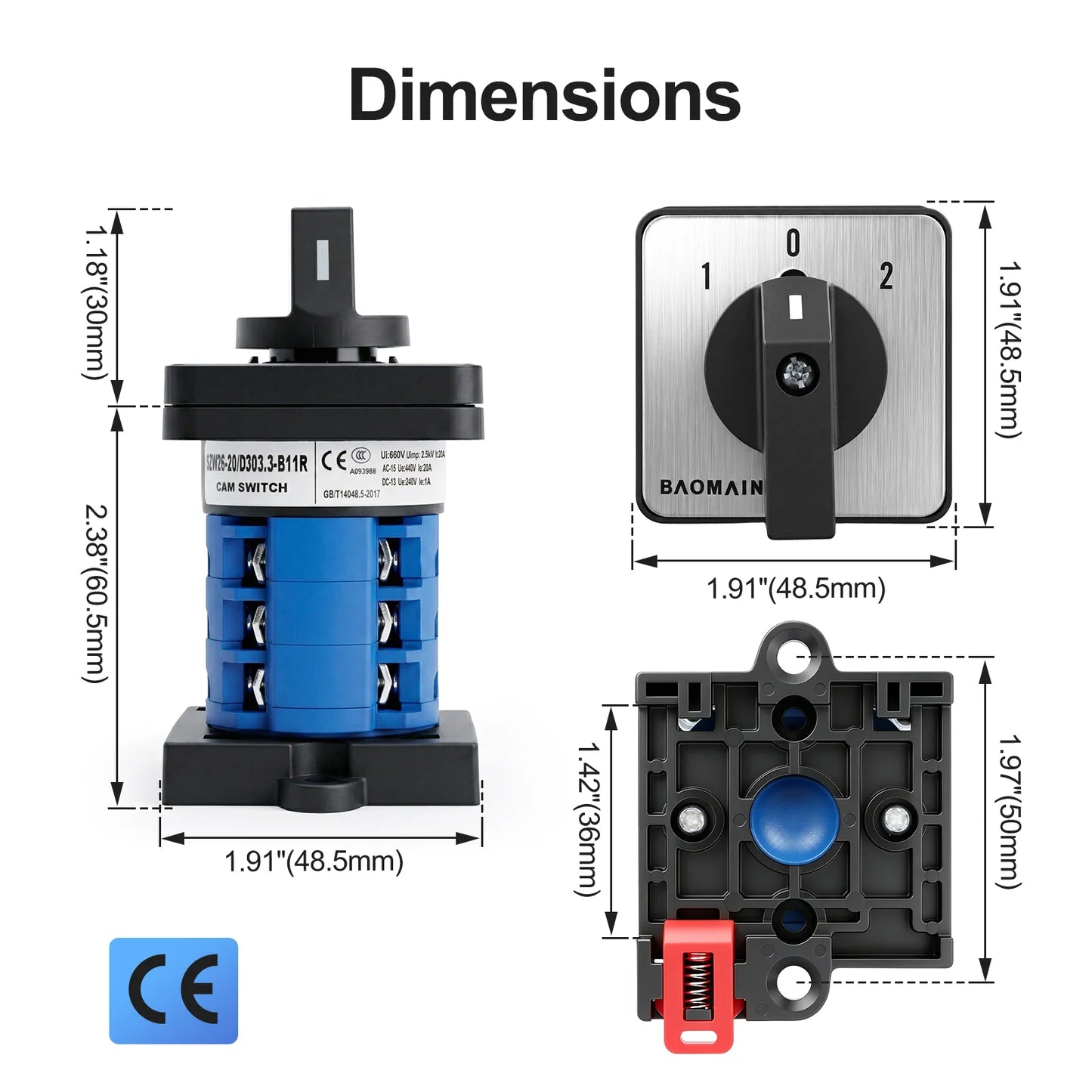 Baomain Changeover Rotary Cam Switch 20A SZW26-20/D303.3-B11R 660V On-Off-On 3 Positions 12 Terminals