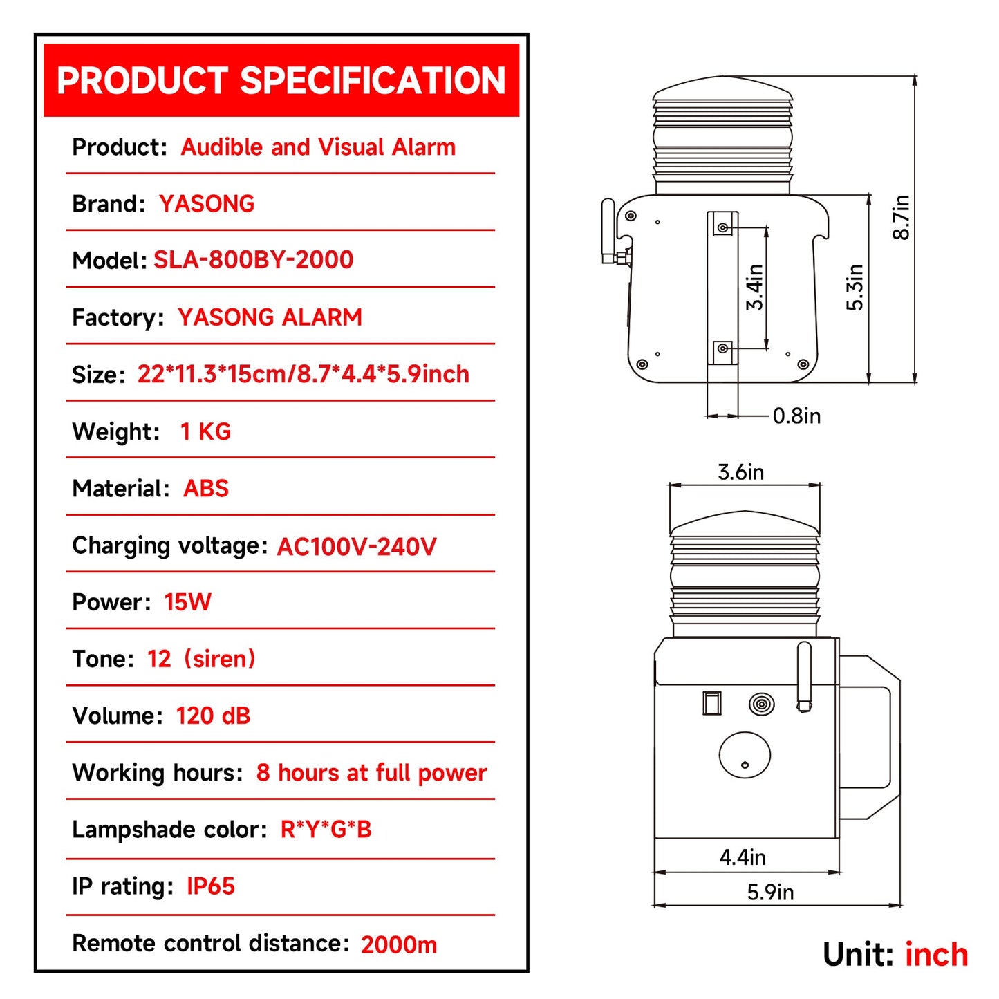 YASONG Portable Rechargeable Wireless Remote Control Alarm Siren 2km(1.24mi) Remote  Distance Waterproof 120dB Siren with Adjust Volume and Tone, Lithium Battery SLA-800BY