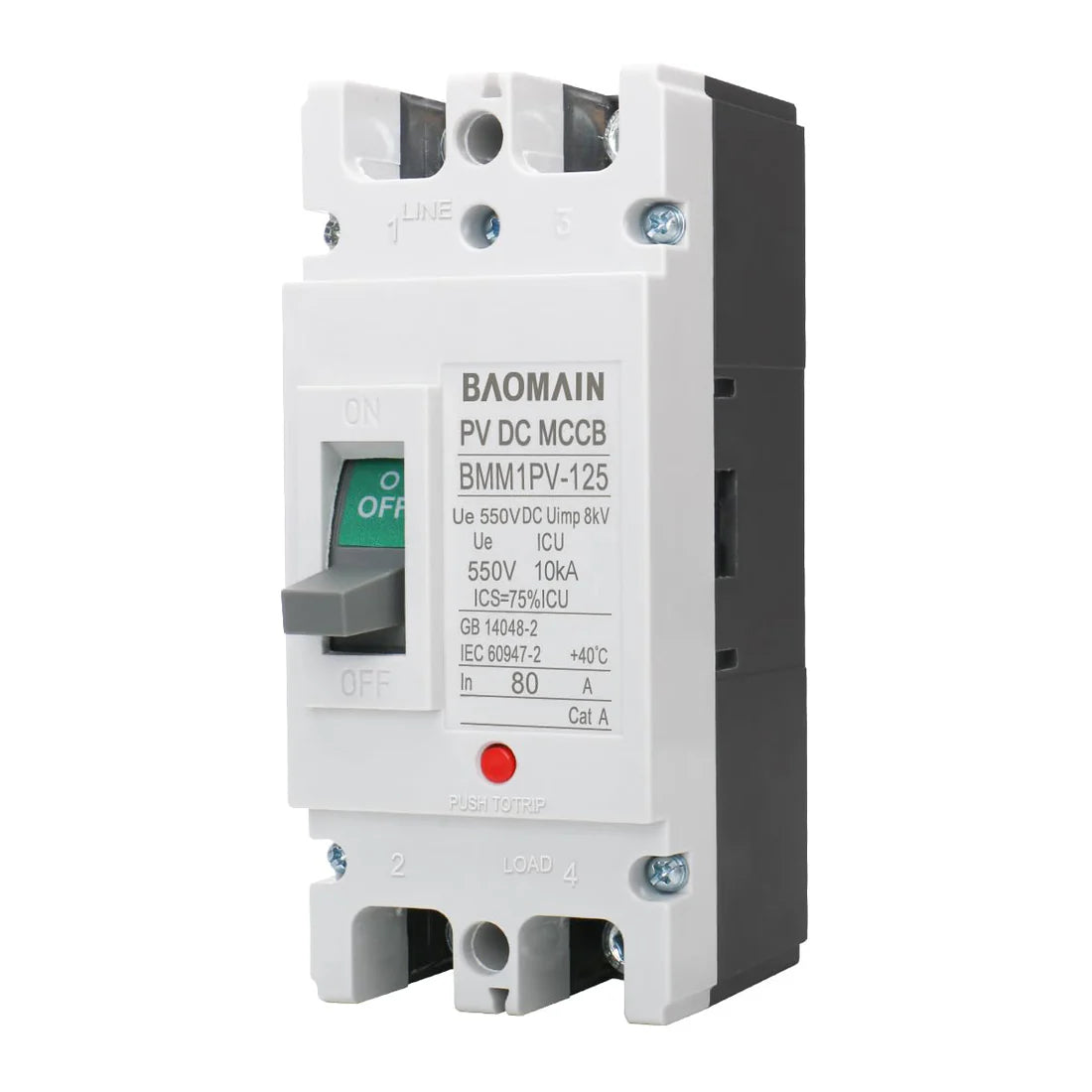 Baomain DC Circuit Breaker for Off-Grid Solar System 2 Pole DC 550V, Moulded Case IP20 DC MCCB BMM1PV-125