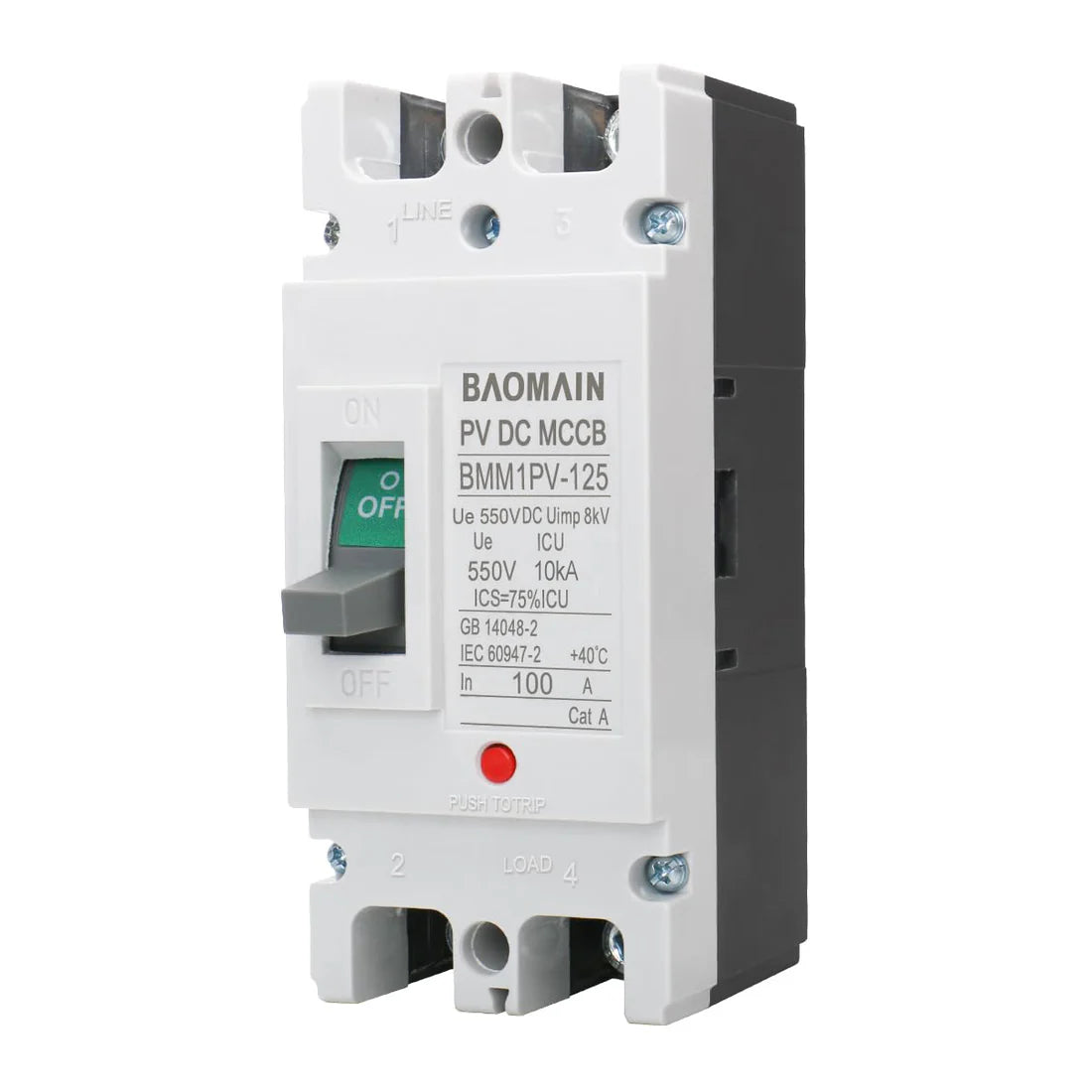 Baomain DC Circuit Breaker for Off-Grid Solar System 2 Pole DC 550V, Moulded Case IP20 DC MCCB BMM1PV-125