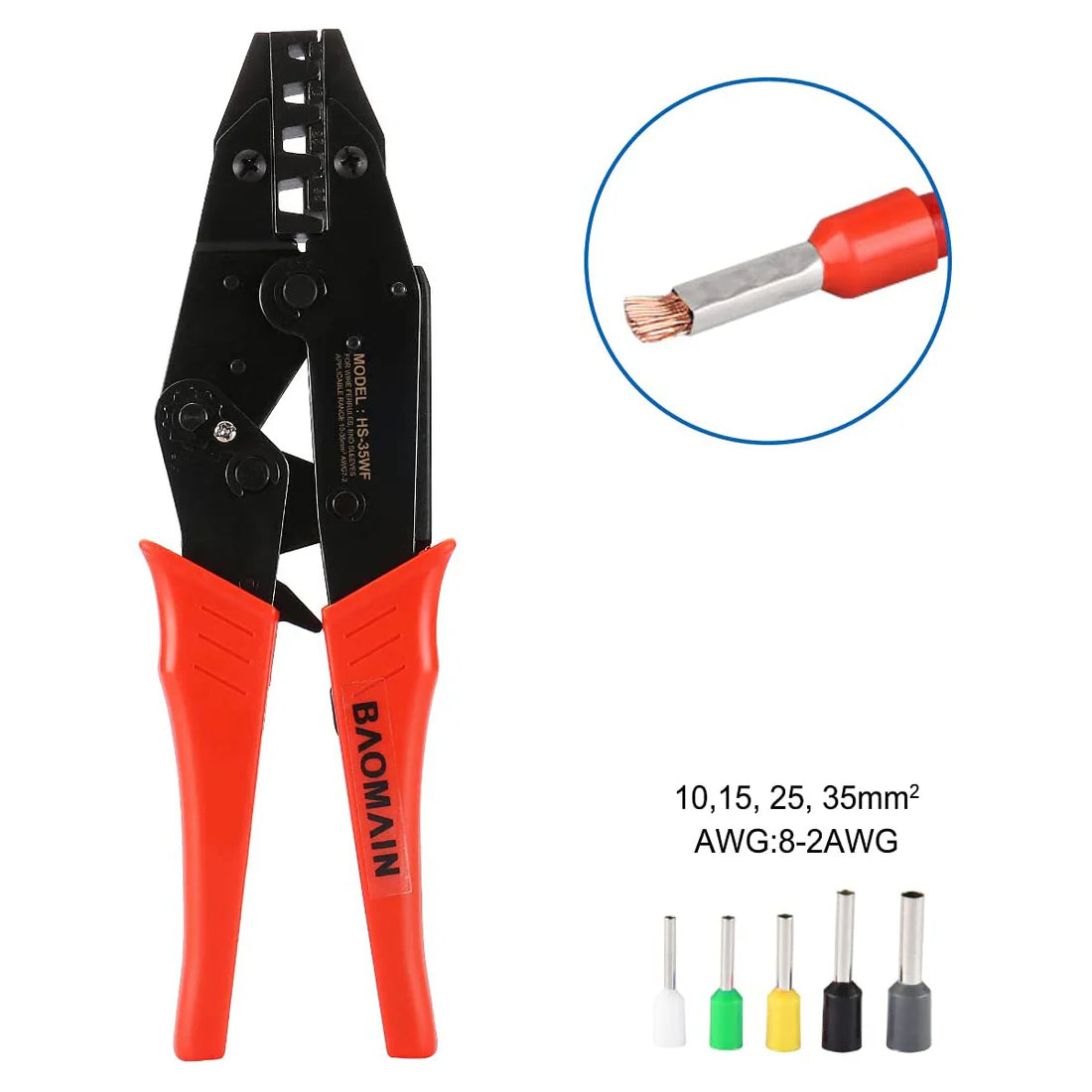 Baomain Ratchet Crimper Plier HS-35WF Work for Cord End Ferrel Terminals 8-2 AWG