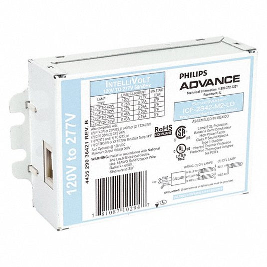 ADVANCE CFL Ballast: 120 to 277V AC, 1/2 Lamps Supported, 26 W_28 W_32 W_38 W_42 W Bulb Watt