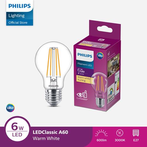 PHILIPS LEDClassic 6-60W A60 E27 830 CL (Filament Type) Bulb