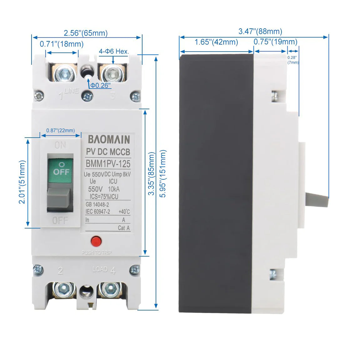 Baomain DC Circuit Breaker for Off-Grid Solar System 2 Pole DC 550V, Moulded Case IP20 DC MCCB BMM1PV-125