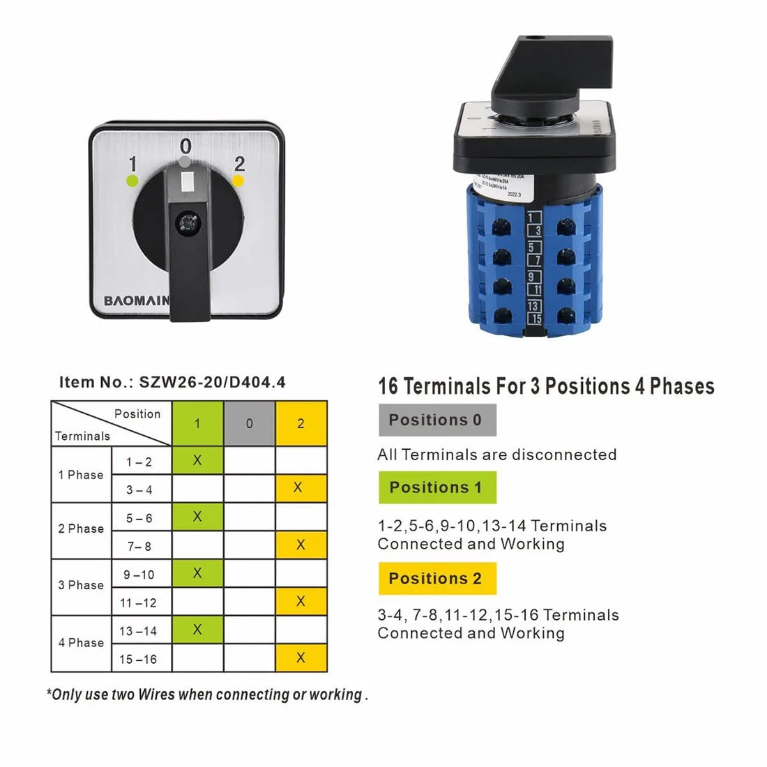 Baomain 660V 20A On-Off-On 3 Positions 16 Terminals Changeover Control Rotary Cam Switch LW28-20/D404.4
