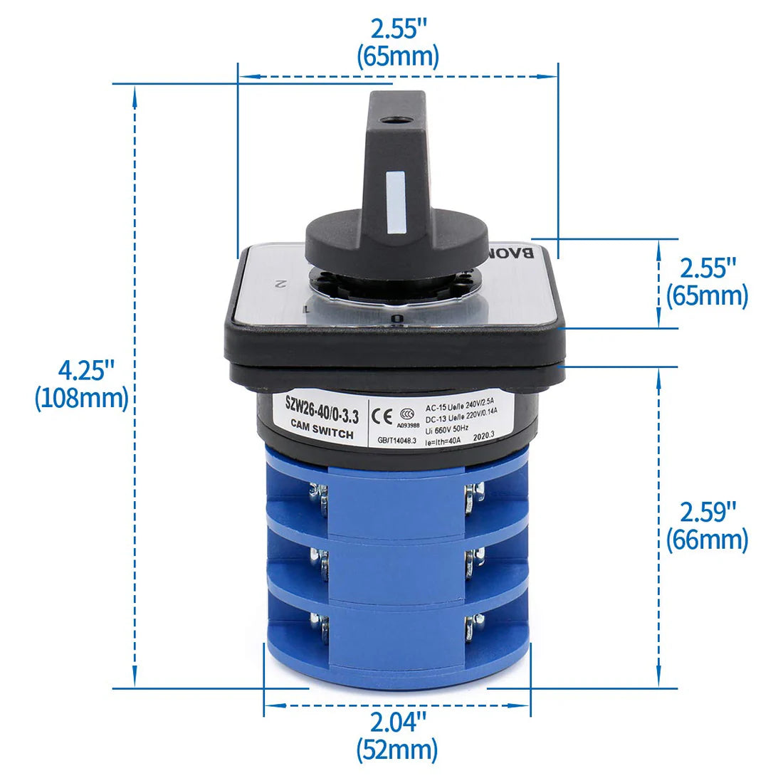 Baomain Rotary Cam Changeover Switch SZW26-40/0-3.3 660V 40A 12 Terminals 4 Positions