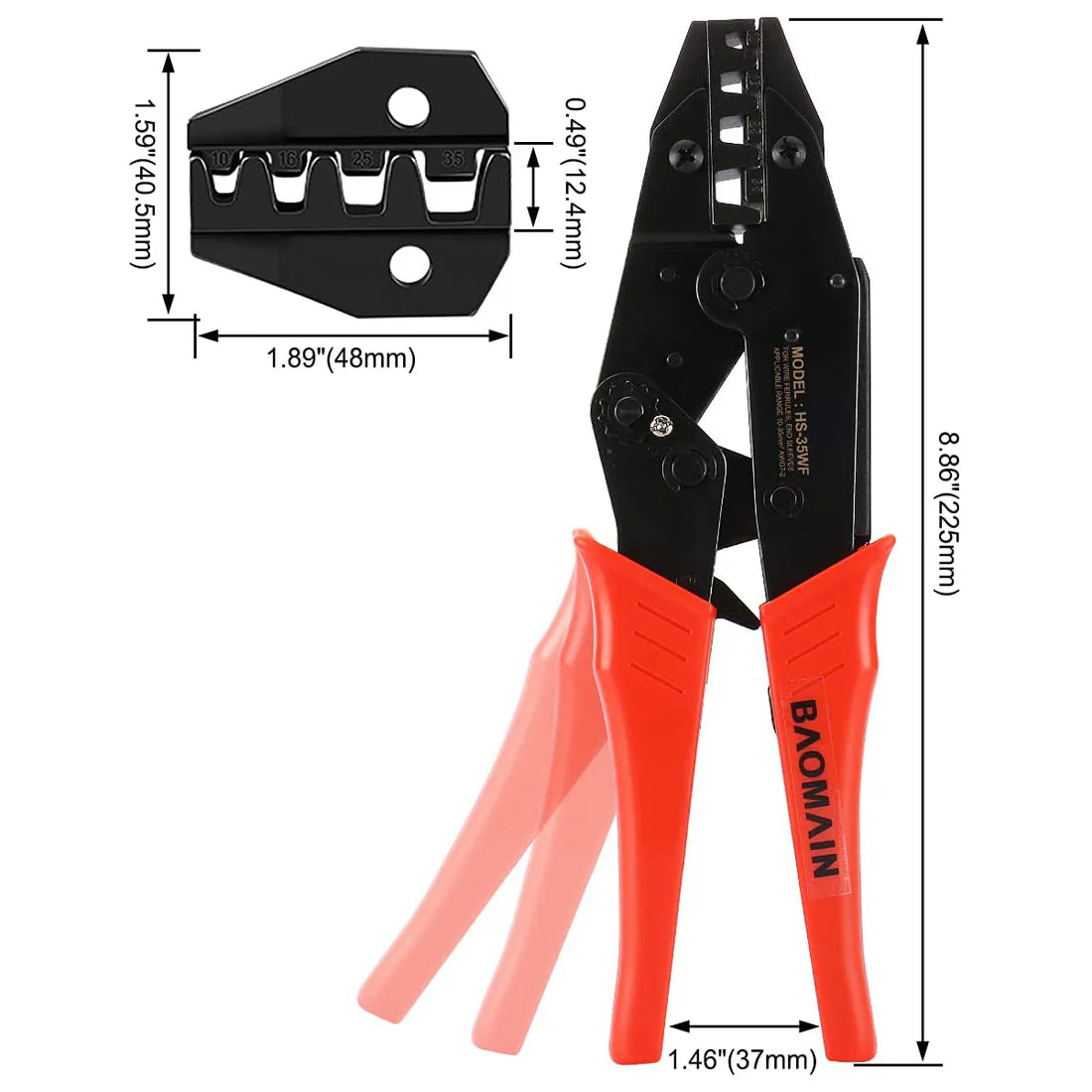 Baomain Ratchet Crimper Plier HS-35WF Work for Cord End Ferrel Terminals 8-2 AWG