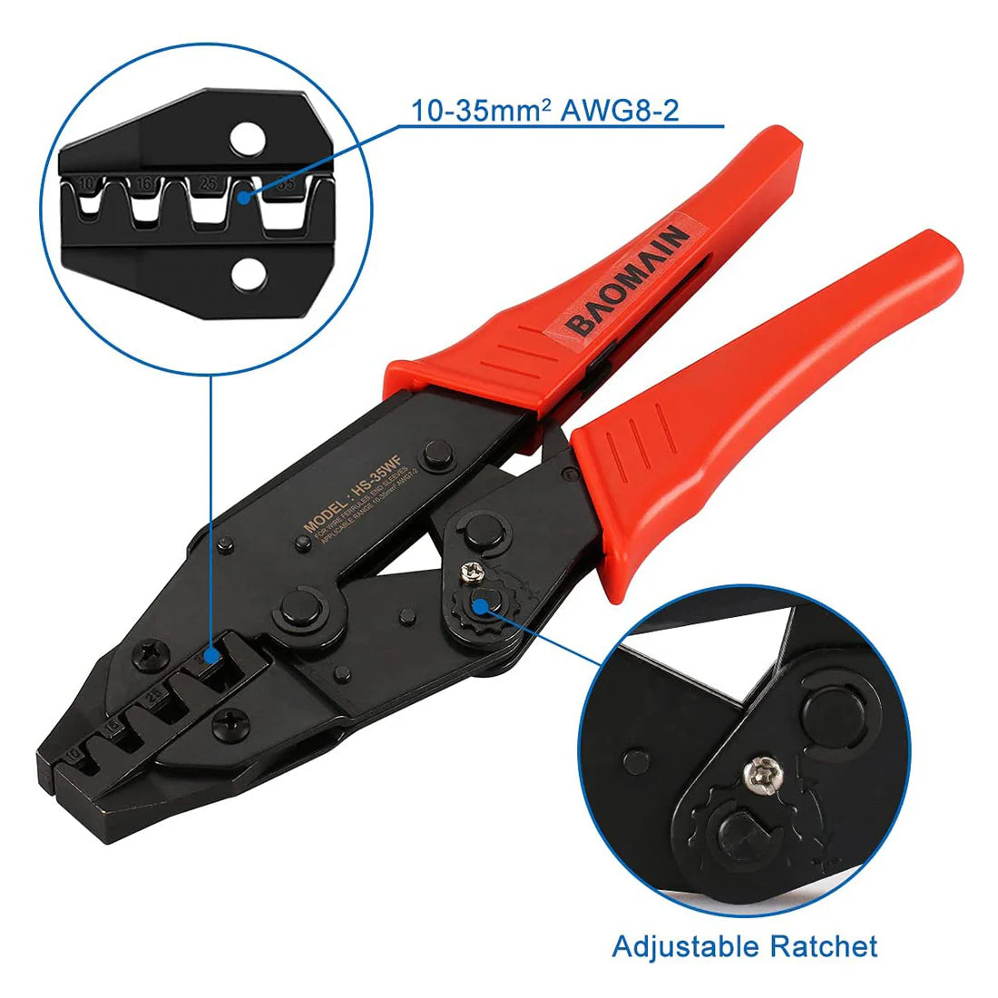 Baomain Ratchet Crimper Plier HS-35WF Work for Cord End Ferrel Terminals 8-2 AWG
