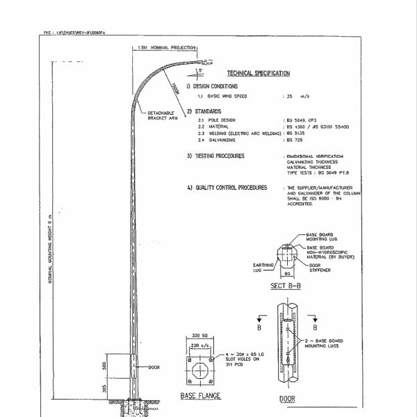 LYCORPOLE 6M Nominal Mounting Height Pole Base Size Flange 395mm Sq c/w Anchor Bolt Holes at 295 c/c