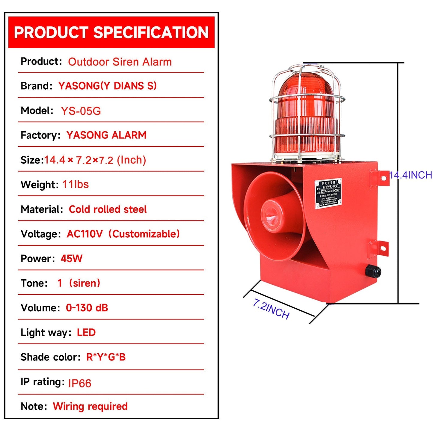 YASONG Outdoor Alarm Siren IP66 Waterproof Anti -collision 130dB Horn Security Siren  with Strobe Light for Ports, Docks, Factories, Schools, Homes SLA-05G