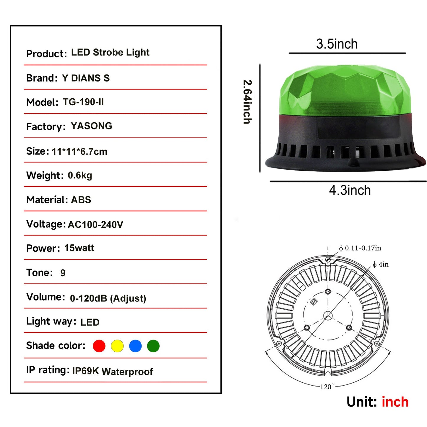 YASONG Beacon Strobe Lights Waterproof LED Siren Warning Light 120dB Loud horn 9 Tones 2 Flashing Mode Magnetic Base for Vehicles Trucks Forklift  Workshop Emergency AC100-240V