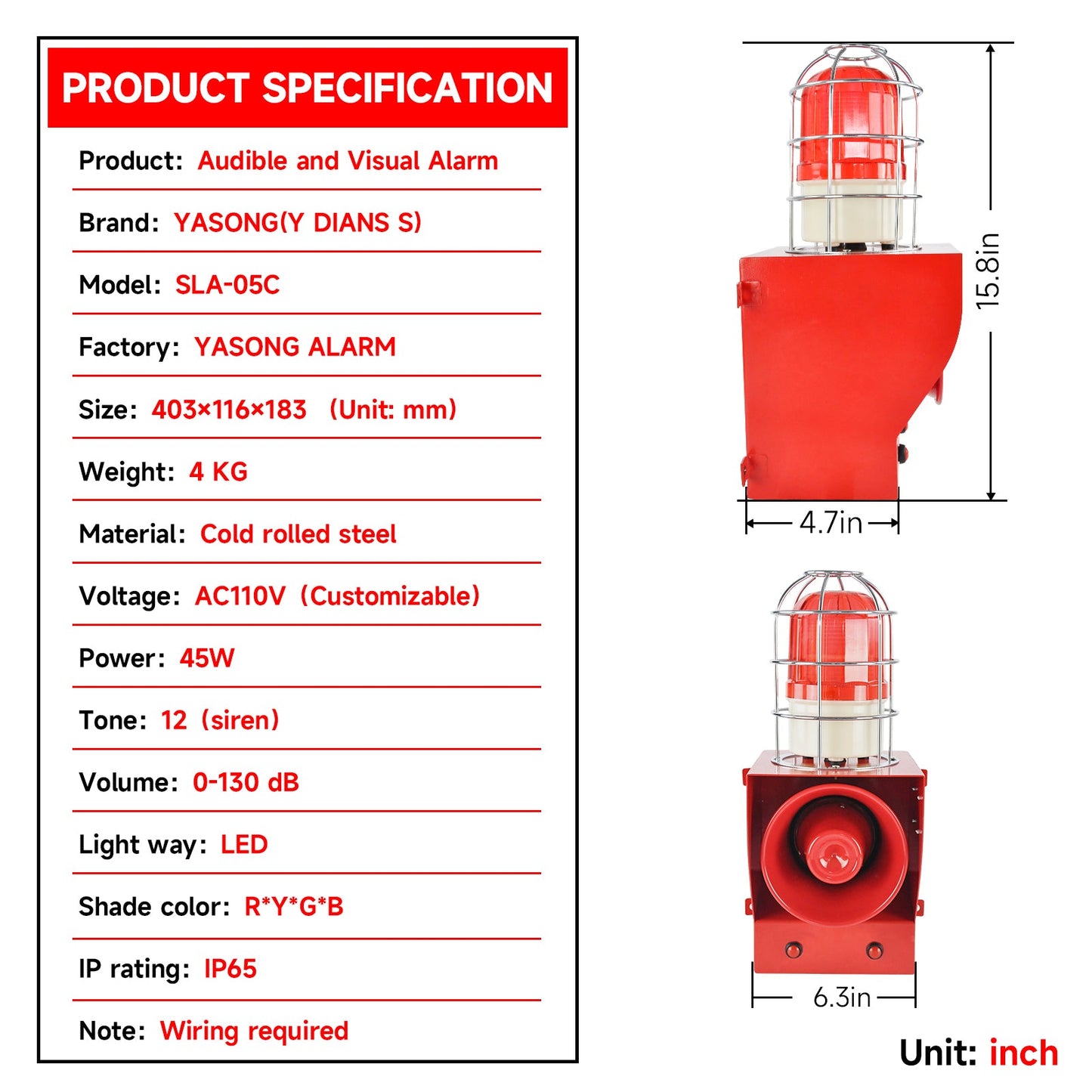 YASONG Alarm Siren with Metal Anti-Collision Mesh Cover, 130dB Loud Horn 12 Tones Switchable, IP65 Waterproof 45W LED Strobe Light for Factories, Port, Terminal and Security home Alarm