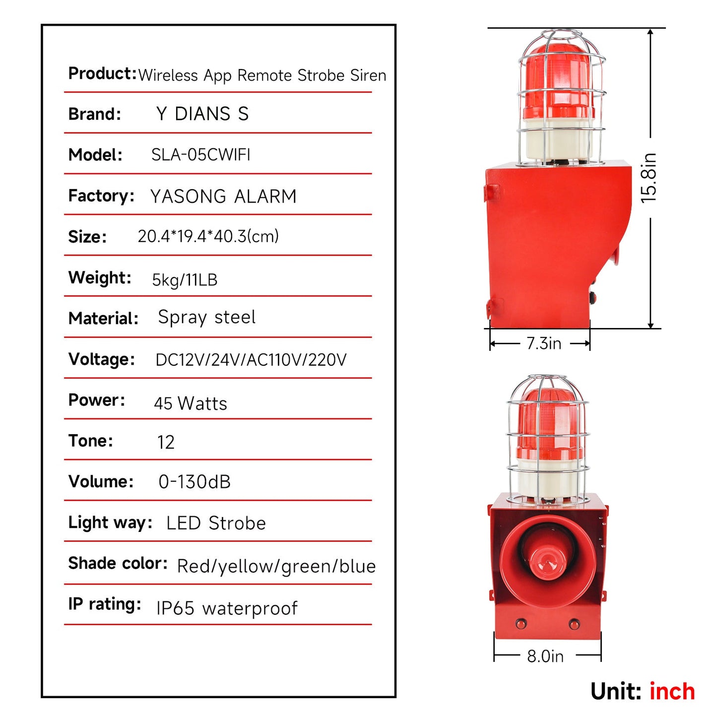 YASONG Industrial Alarm Siren Outdoor WiFi Smart Security System with 0-130dB 12 Horn Tones Switchable, APP Remote Control Alarm Range of 100-150 Meters Works with Alexa, Google Assistant SLA-05CWIFI