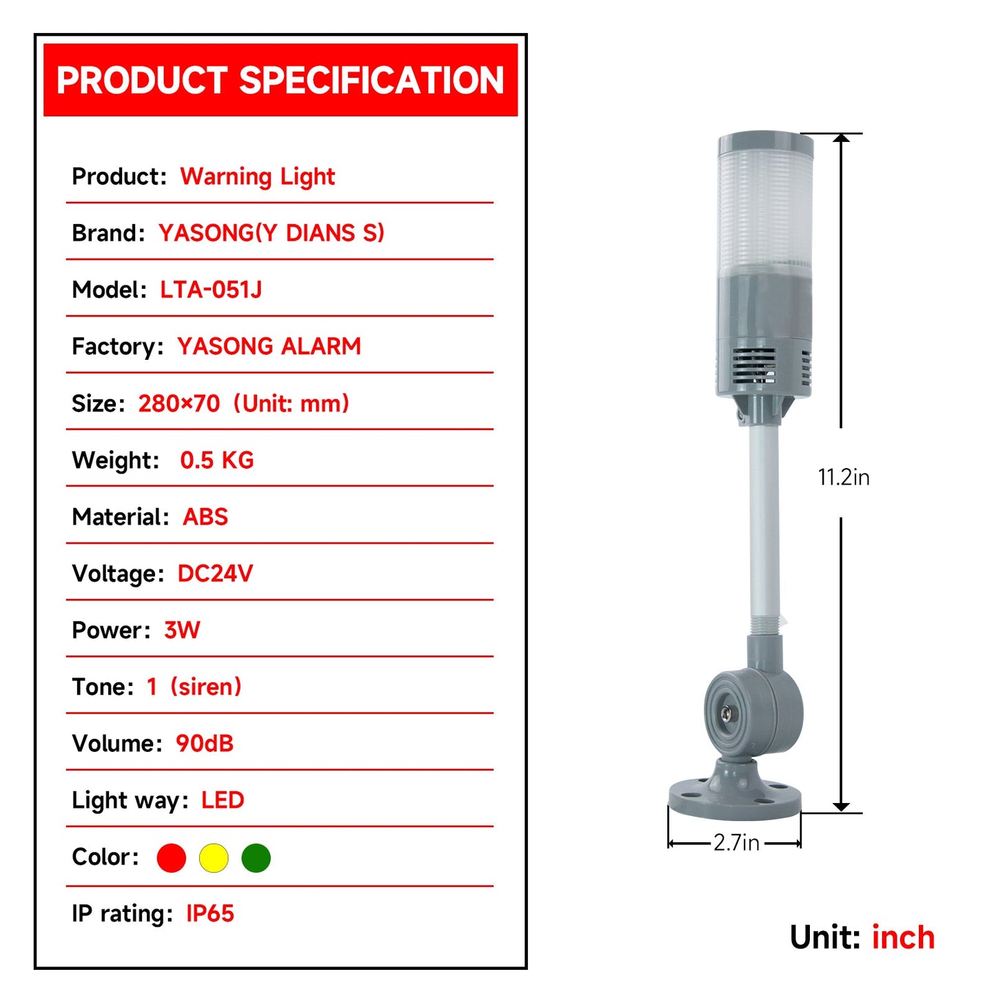 YASONG Signal Beacon Strobe Warning Light, Red Yellow Green 3 Color Compact Tower Light with Buzzer 90dB, LED Flashing Stack Light with 5.3-inch Bracket LTA-051J