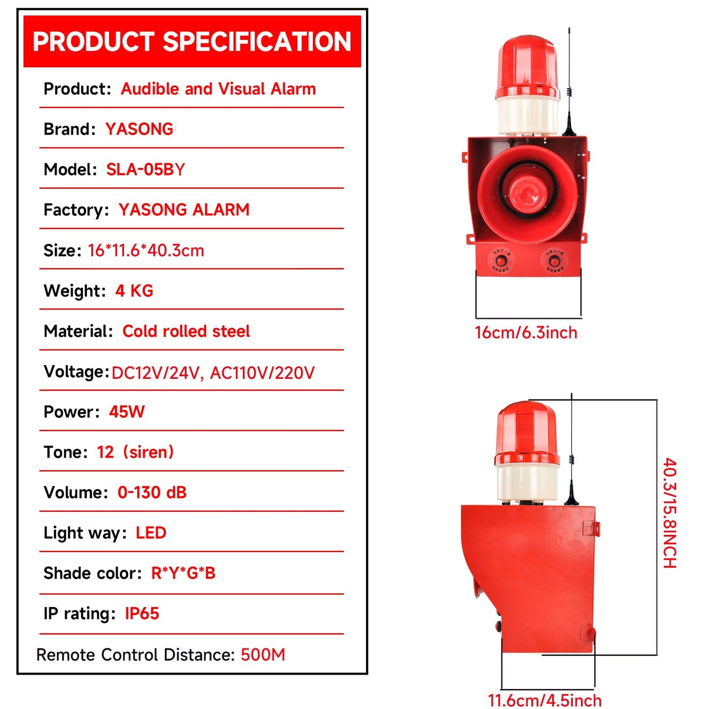 YASONG 1.24mile/2000m Wireless Remote Control Alarm Siren with Multiple Remote Controls 130dB Volume  9 Tones Adjustable 45w Alarm Systerm Strobe Sirens AC100-120V SLA-05BY-2000