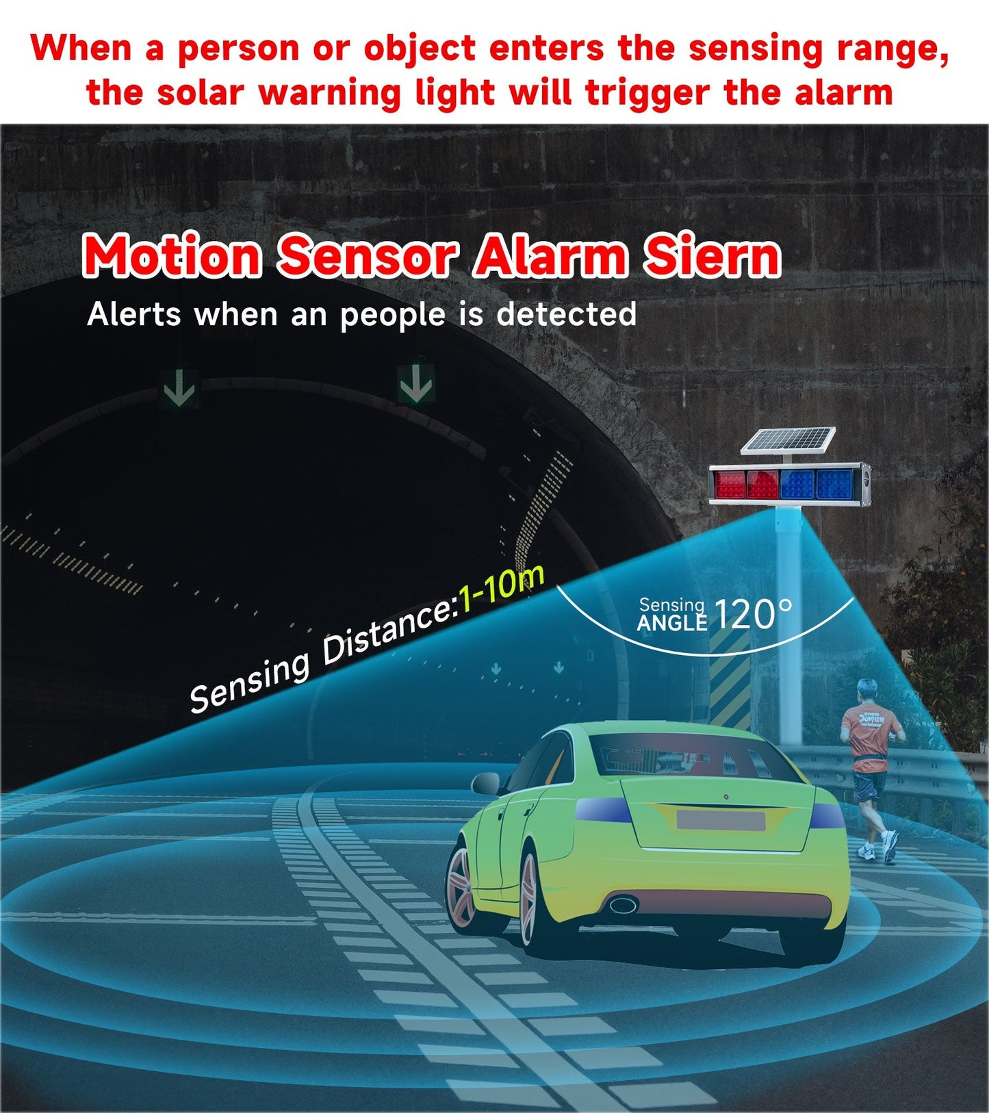 YASONG Solar Motion Detection Strobe Light Warning Light  IP65 Waterproof 120dB LED Red and Blue Double-sided Flashing Lights Motion Sensor Alarm Siren for Traffic, Road Construction, Farm, Yard