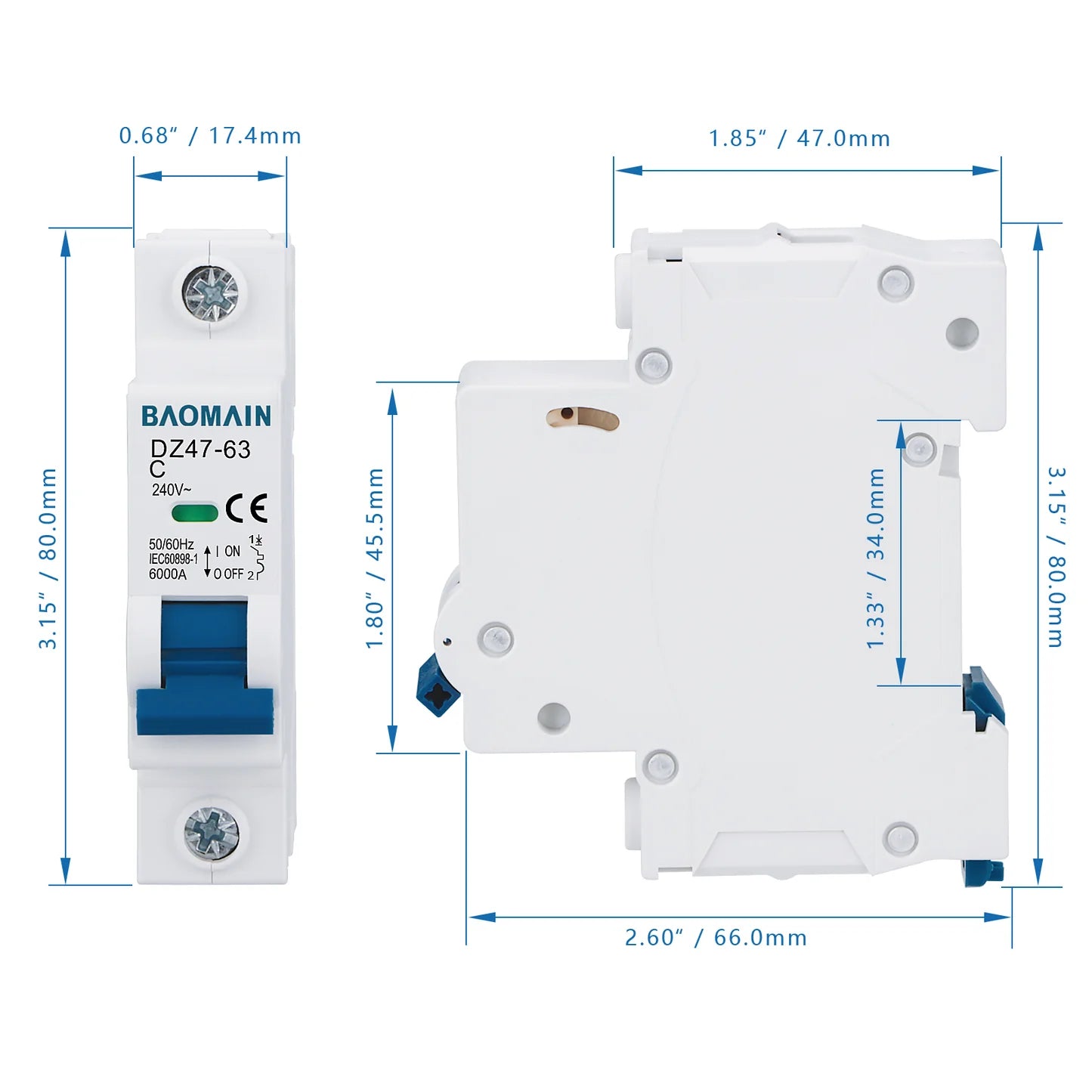 Baomain DZ47-63 1 Pole Miniature Circuit Breaker AC 230V 400V MCB DIN Rail Mounting MCB Work for Motor Protection and Air Compressor