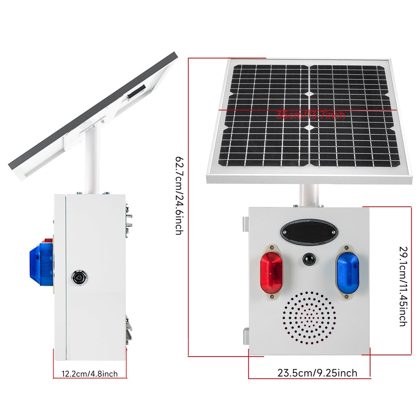 YASONG Solar Motion Sensor Alarm Siren Outdoor Waterproof Motion Detector Alarm System with Red and Blue Strobe Light, 120dB Horn 17 Tones Adjustable Microwave Infrared Induction Alarm System SLA-TYN02