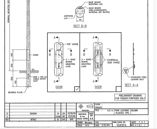 LYCORPOLE 4.5M NOMINAL MOUNTING HEIGHT Planted Type Hot-Dip Galvanized Tapered Octagonal Park Lighting Column c/w Base Bearing Plate Assembly.