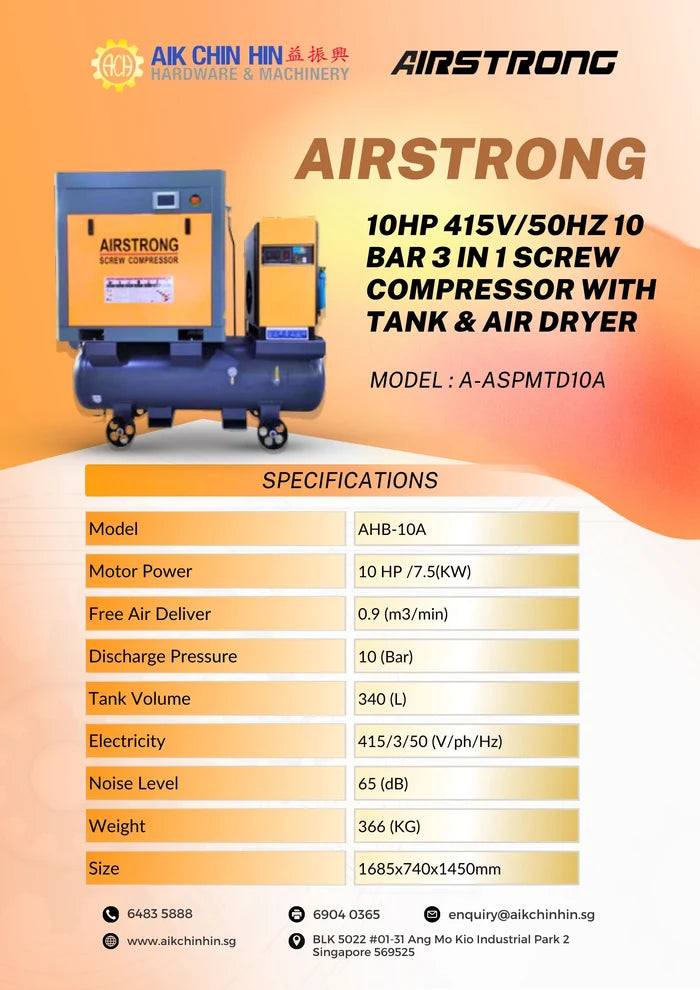 Airstrong 10HP 415V/50Hz 10 Bar 3 in 1 Screw Compressor with Tank & Air Dryer