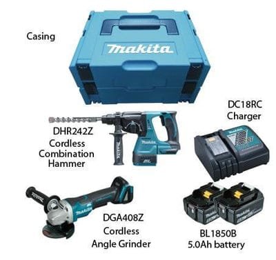Makita 18V Combo Kit with Hammer Drill (DHR242Z) + 4" Angle Grinder (DGA408) | Model : M-DLX2217TJ