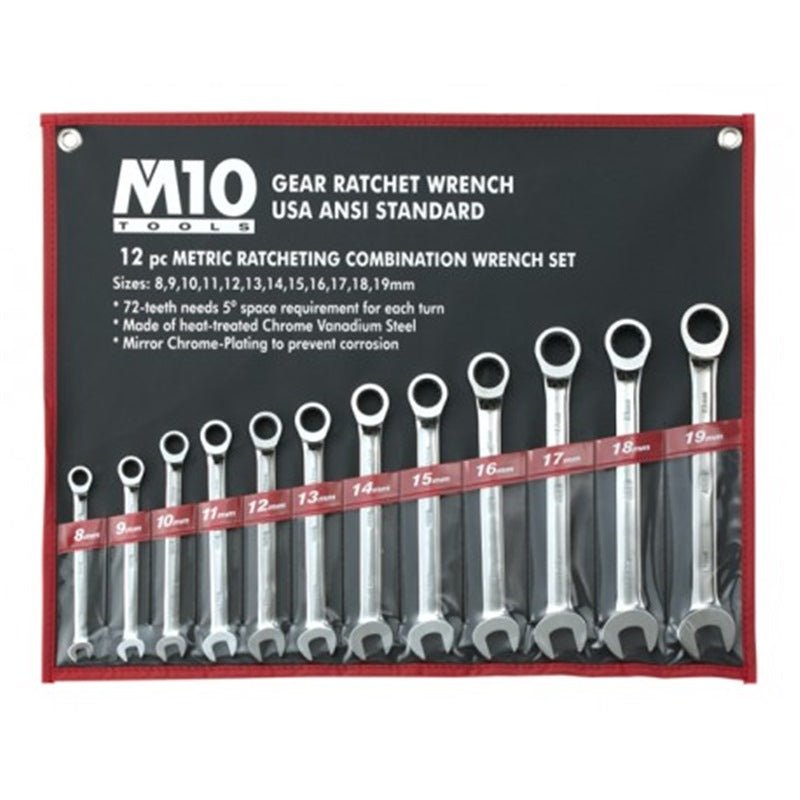 M10 Gear Ratchet Combination Wrench Set 12lr (12pcs) - 8mm To 19mm | Model : M10-005-054-712