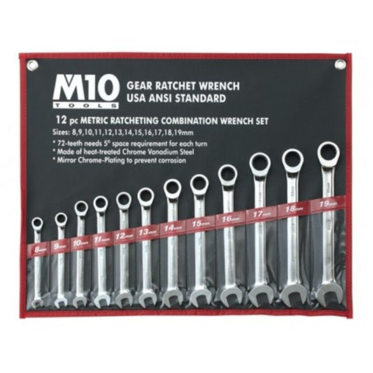 M10 Gear Ratchet Combination Wrench Set 12lr (12pcs) - 8mm To 19mm | Model : M10-005-054-712