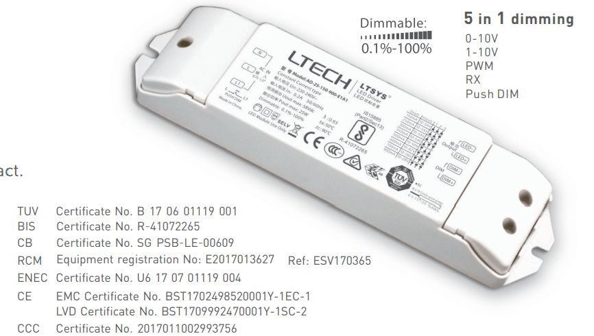 [China] LTECH AD-E1A1 series CC 0/1-10V Push DIM Dimmable Driver-Ballast /Drivers-DELIGHT OptoElectronics Pte. Ltd