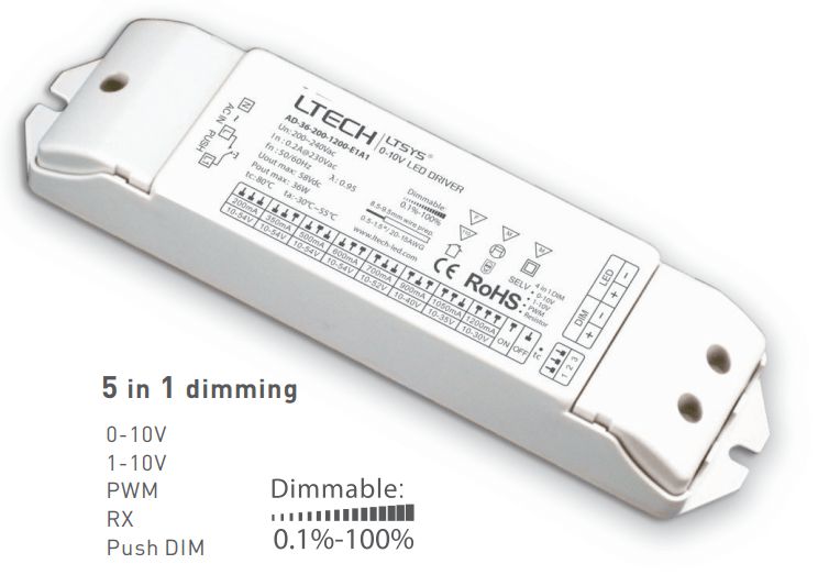 [China] LTECH AD-E1A1 series CC 0/1-10V Push DIM Dimmable Driver-Ballast /Drivers-DELIGHT OptoElectronics Pte. Ltd
